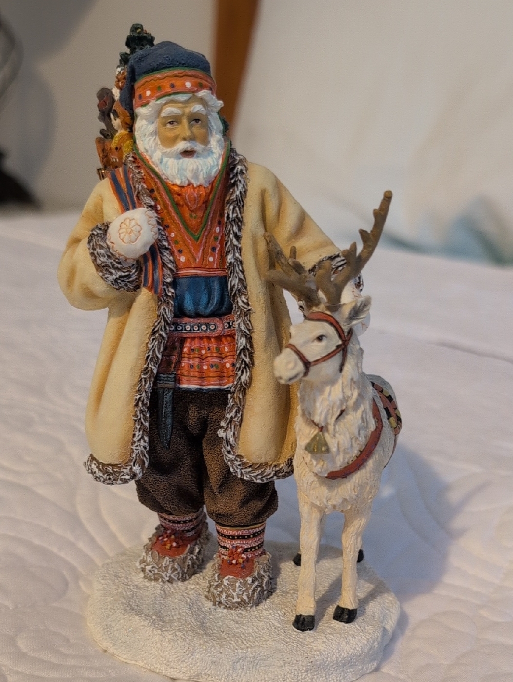Holiday Santa Figurine with Reindeer - Cream Coat, Multicolor Outfit
